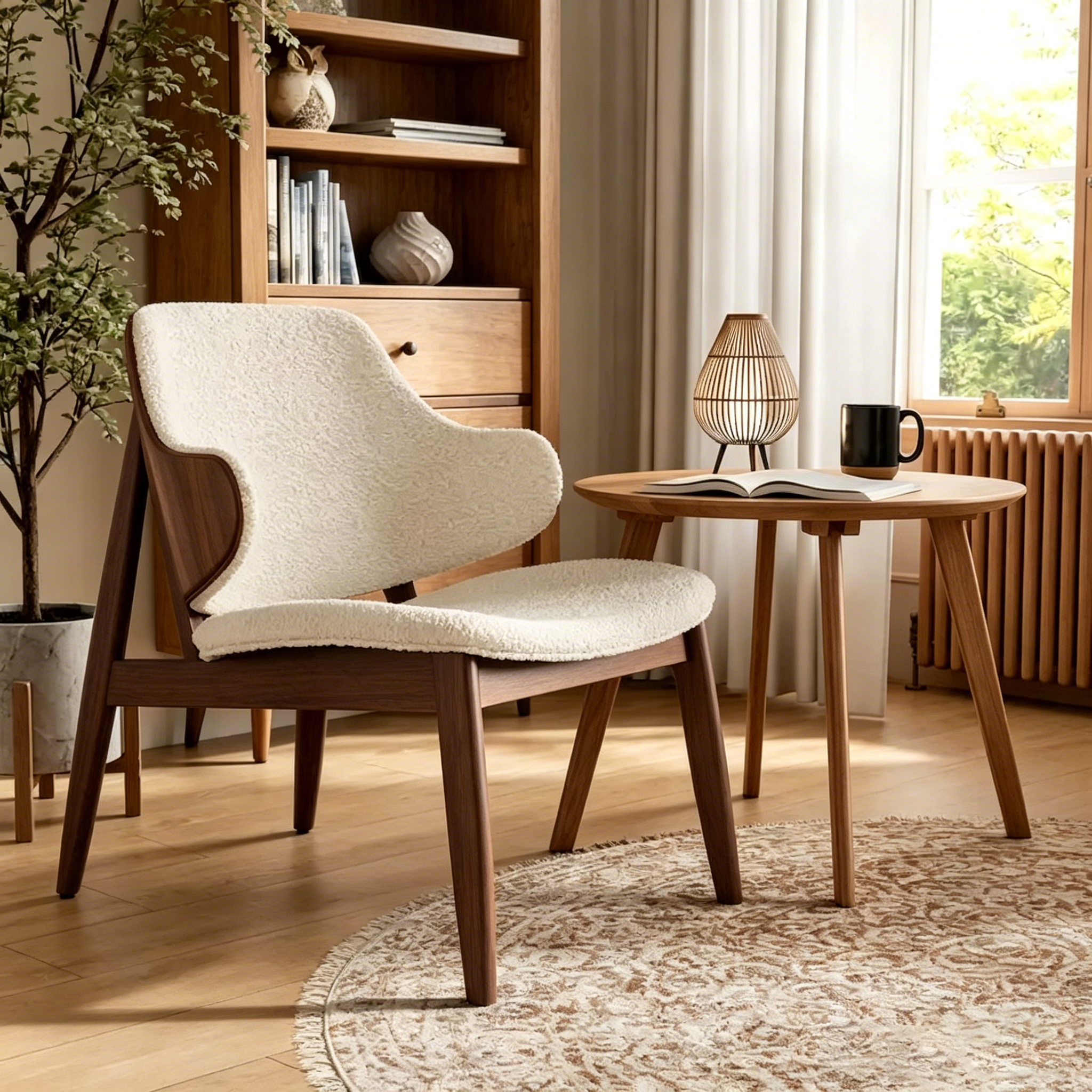 Ensemble de 2 pièces de fauteuil d'appoint et de table en noyer et tissu bouclé de style Mid-Century