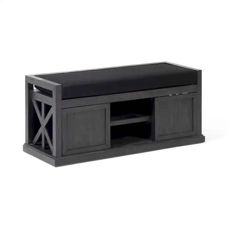 Modern Acacia Wood Storage Bench With Cushions