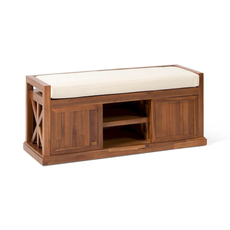 Modern Acacia Wood Storage Bench With Cushions