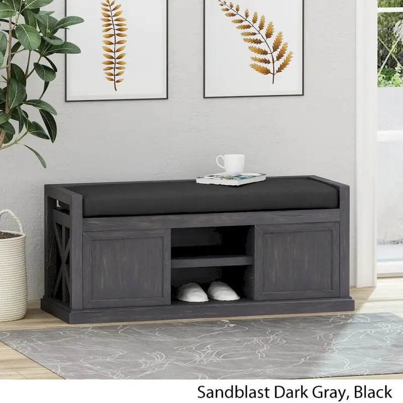Modern Acacia Wood Storage Bench With Cushions