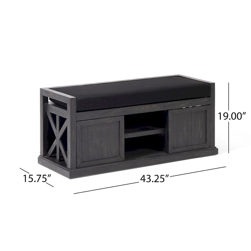 Modern Acacia Wood Storage Bench With Cushions