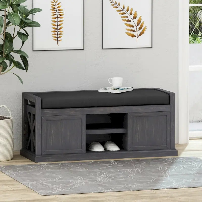 Modern Acacia Wood Storage Bench With Cushions