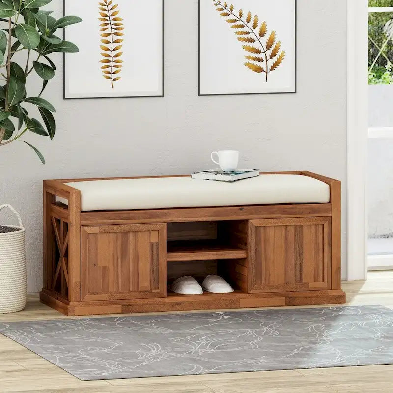 Modern Acacia Wood Storage Bench With Cushions