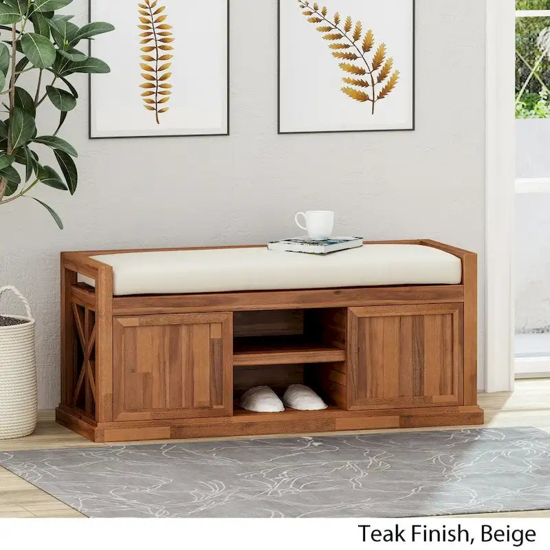 Modern Acacia Wood Storage Bench With Cushions