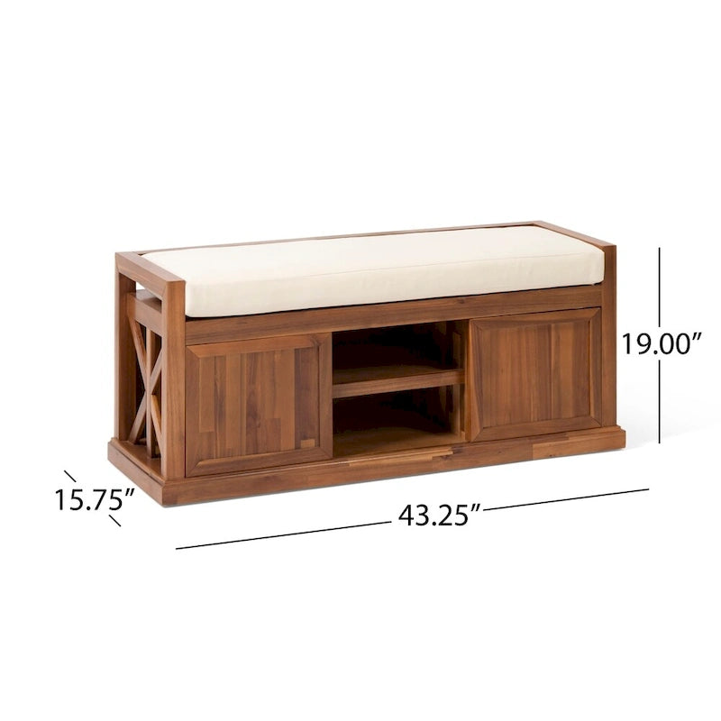 Modern Acacia Wood Storage Bench With Cushions