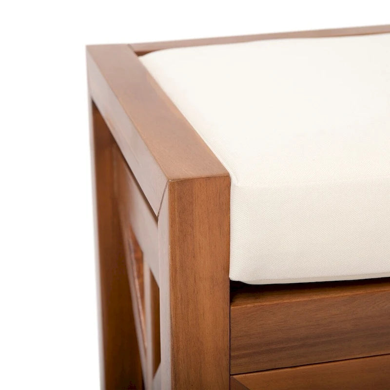 Modern Acacia Wood Storage Bench With Cushions
