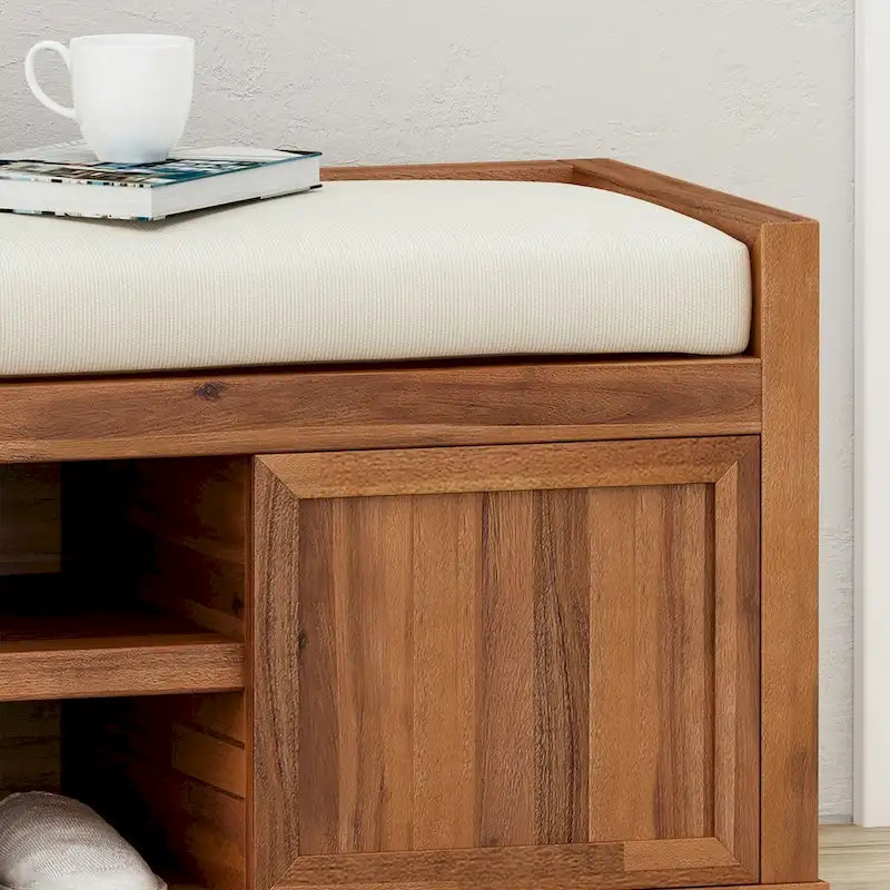 Modern Acacia Wood Storage Bench With Cushions