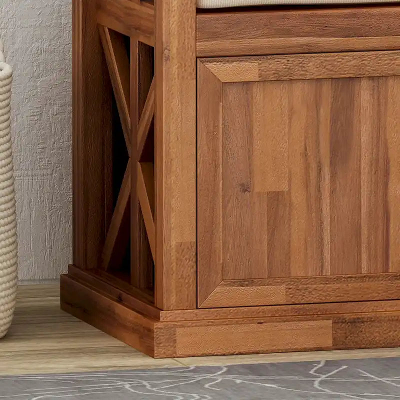 Modern Acacia Wood Storage Bench With Cushions