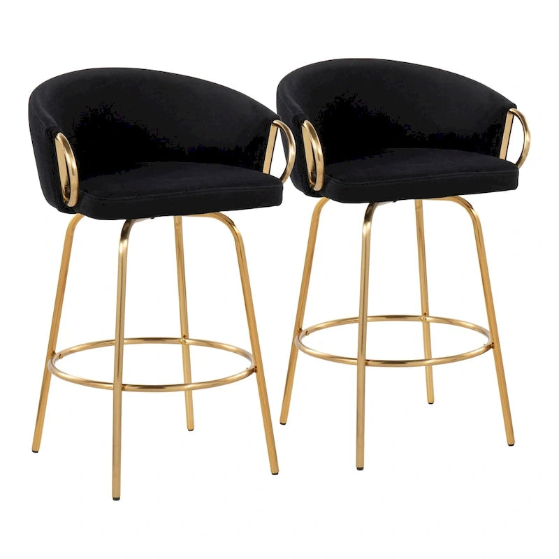 Tabouret de bar doré à hauteur fixe avec repose-pieds rond doré (Lot de 2)