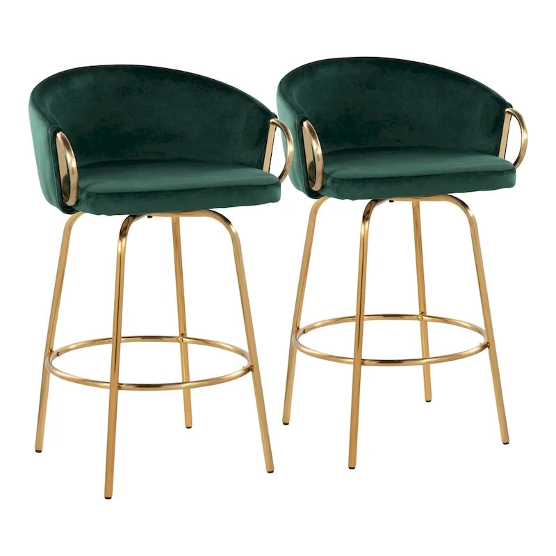 Tabouret de bar doré à hauteur fixe avec repose-pieds rond doré (Lot de 2)