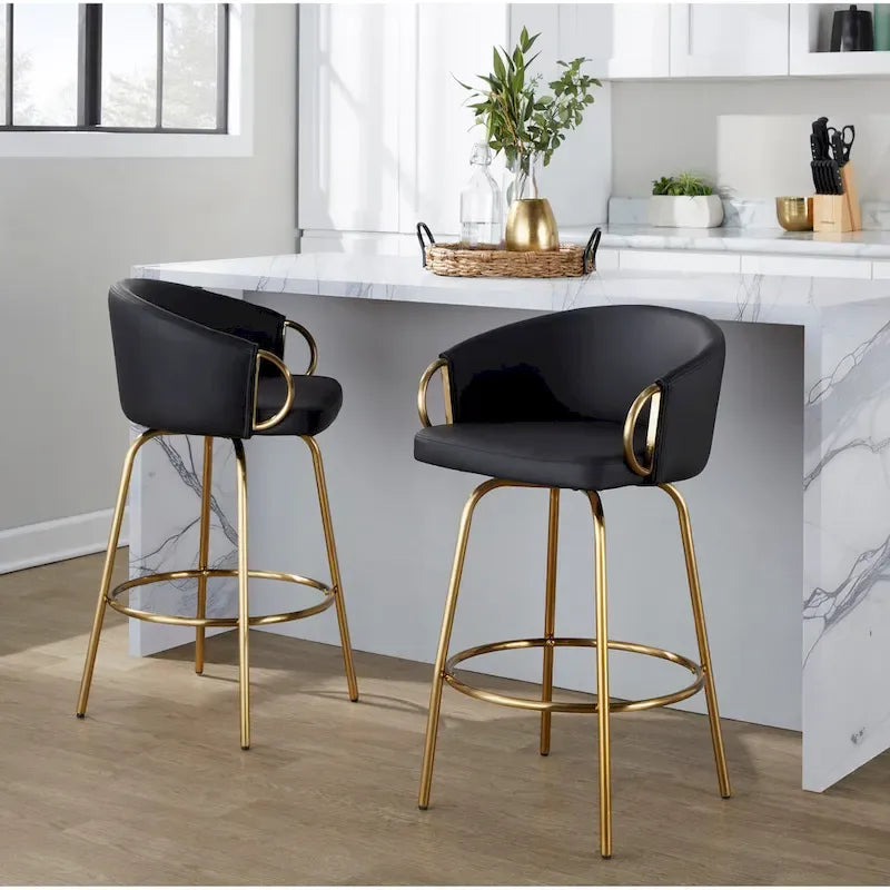 Tabouret de bar doré à hauteur fixe avec repose-pieds rond doré (Lot de 2)