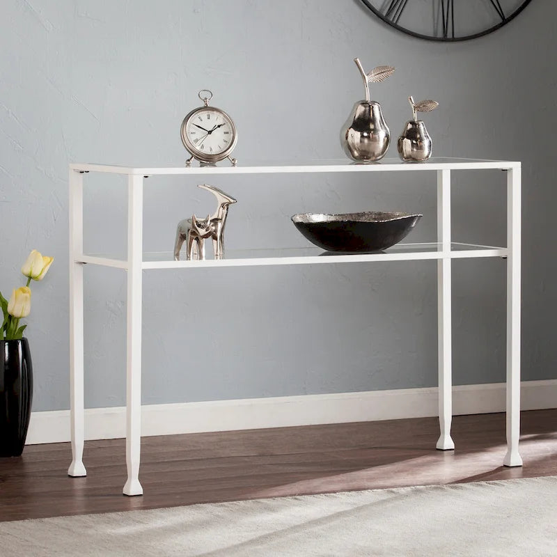 Console en métal doré mat avec étagère et verre trempé