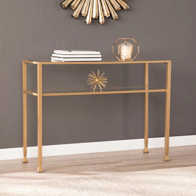 Console en métal doré mat avec étagère et verre trempé