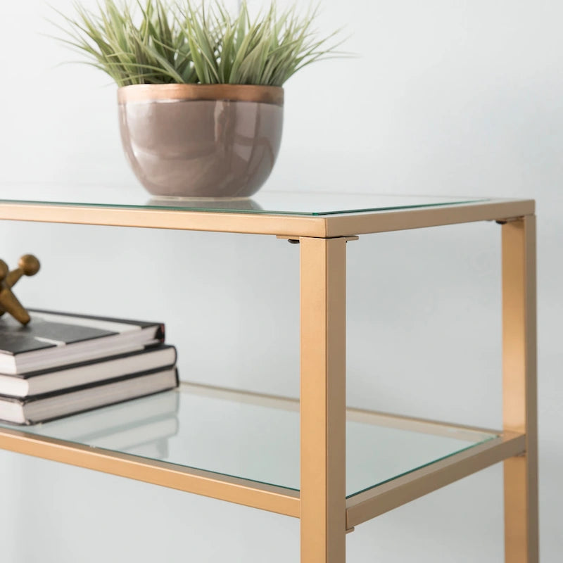 Console en métal doré mat avec étagère et verre trempé
