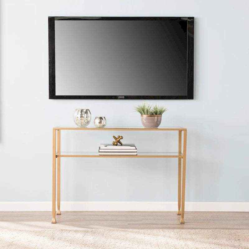 Console en métal doré mat avec étagère et verre trempé