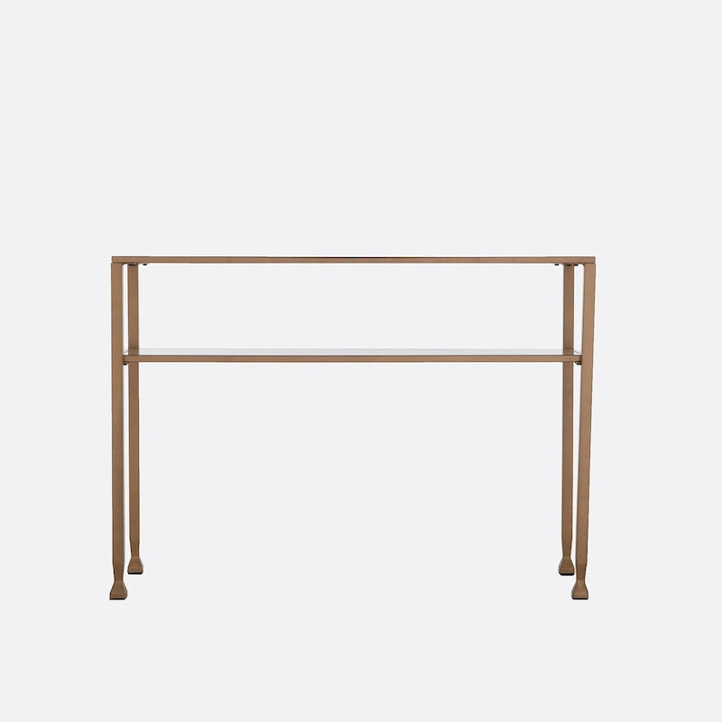Console en métal doré mat avec étagère et verre trempé