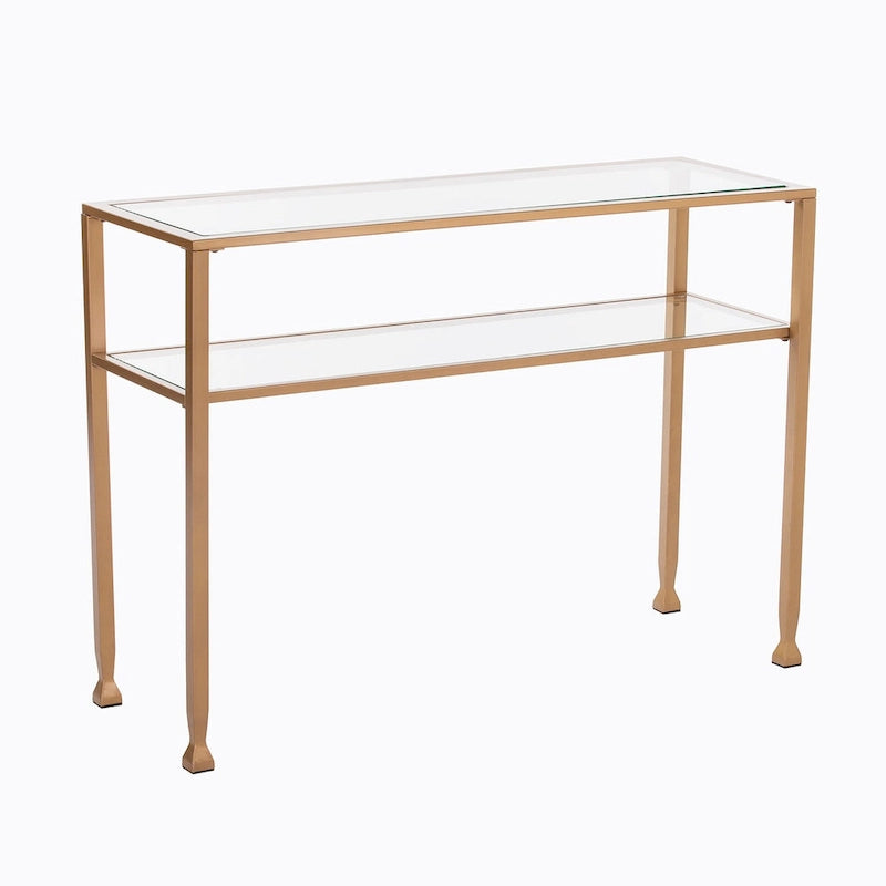 Console en métal doré mat avec étagère et verre trempé