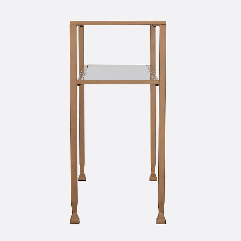 Console en métal doré mat avec étagère et verre trempé