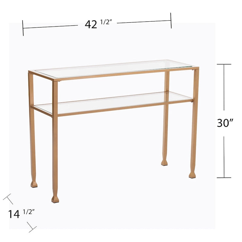 Console en métal doré mat avec étagère et verre trempé