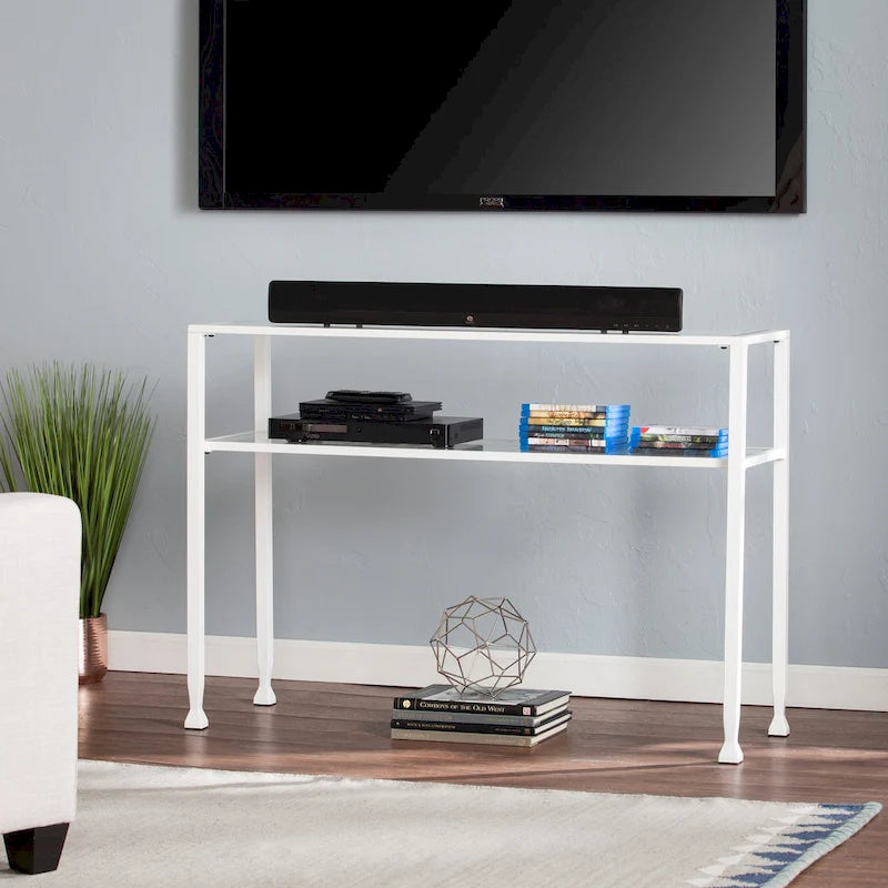 Console en métal doré mat avec étagère et verre trempé
