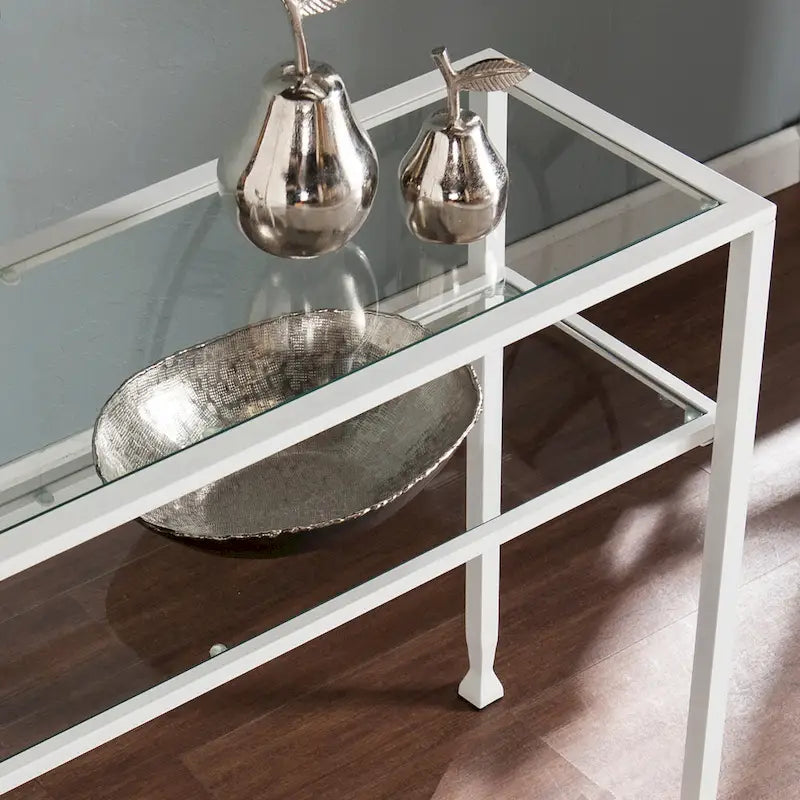 Console en métal doré mat avec étagère et verre trempé