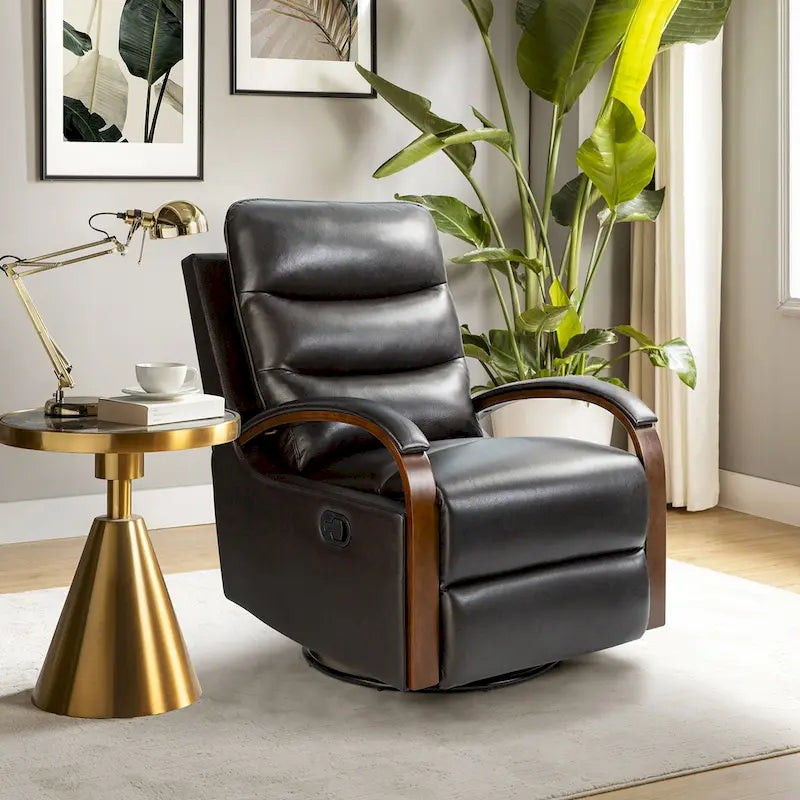 Fauteuil inclinable pivotant en cuir véritable avec accoudoirs en bois