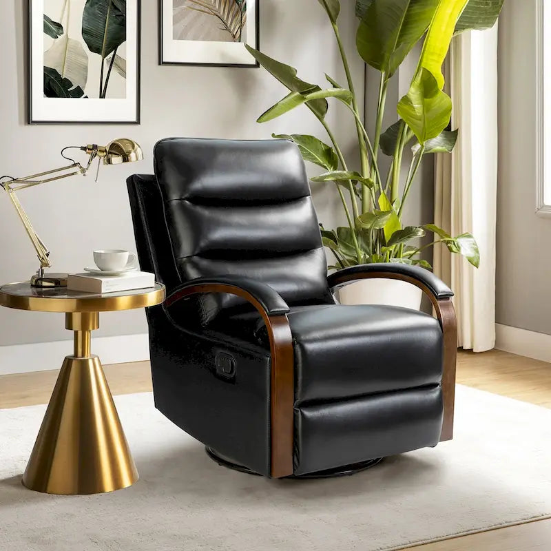 Fauteuil inclinable pivotant en cuir véritable avec accoudoirs en bois