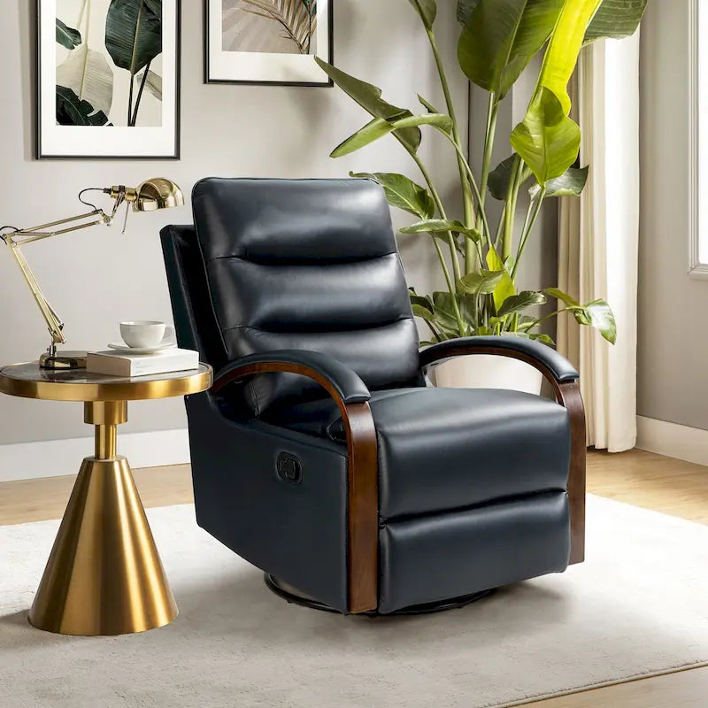 Fauteuil inclinable pivotant en cuir véritable avec accoudoirs en bois