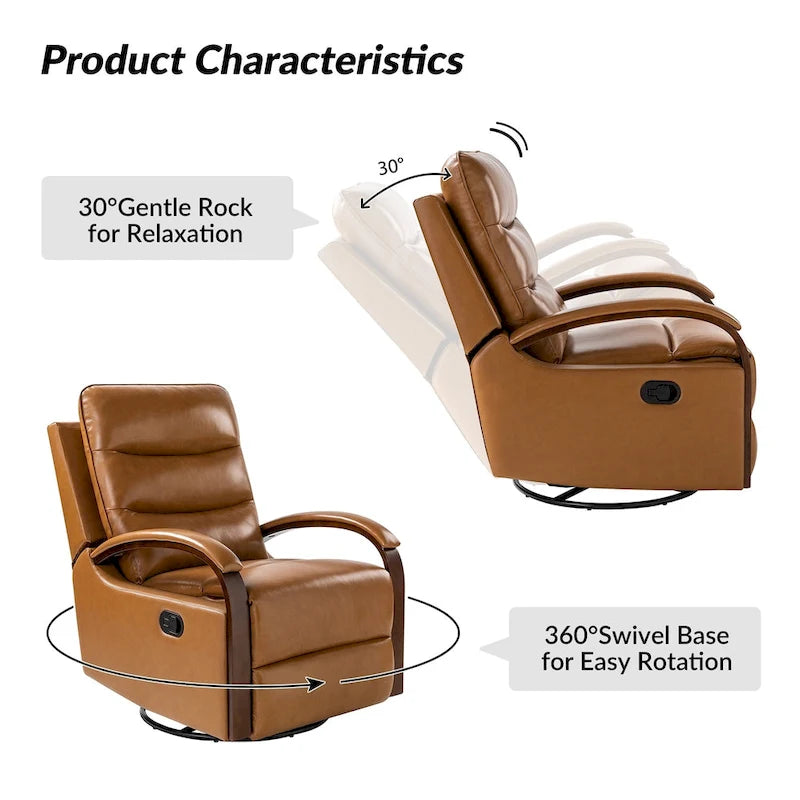 Fauteuil inclinable pivotant en cuir véritable avec accoudoirs en bois