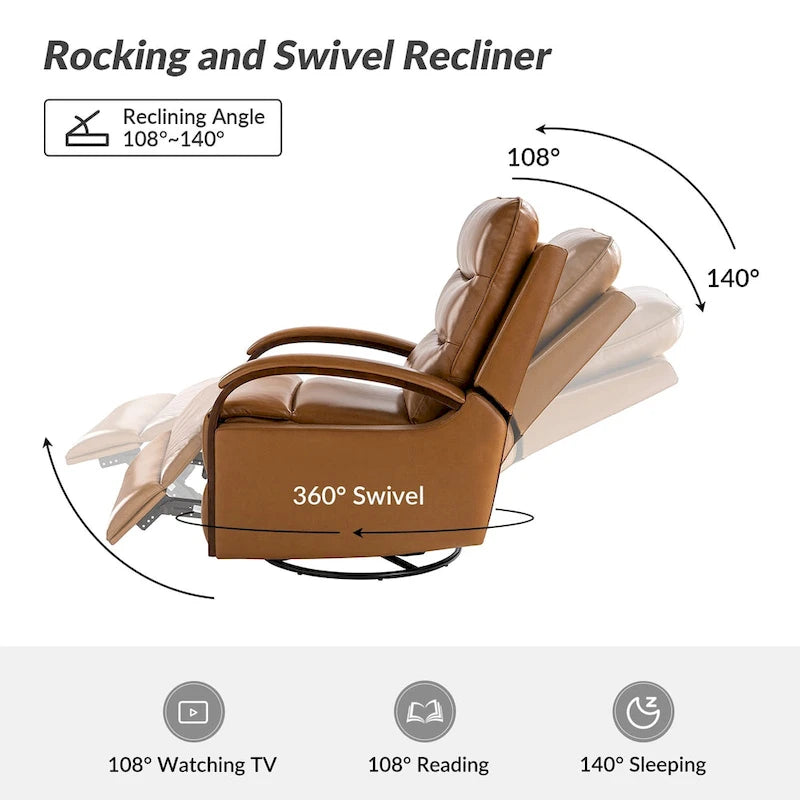 Fauteuil inclinable pivotant en cuir véritable avec accoudoirs en bois