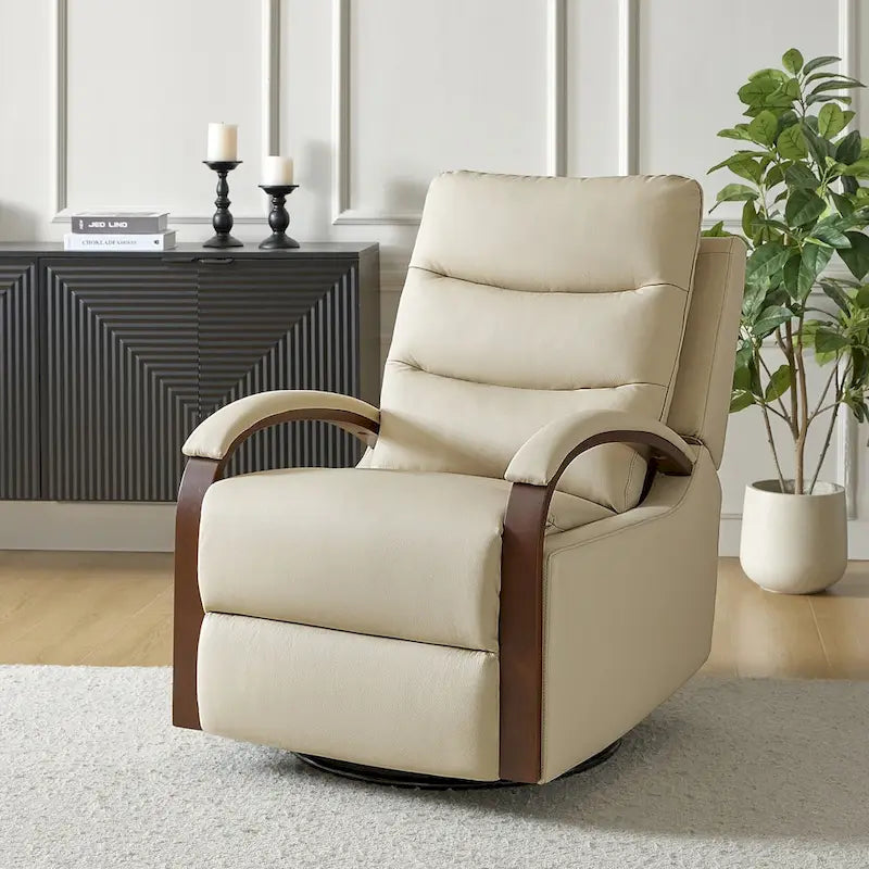 Fauteuil inclinable pivotant en cuir véritable avec accoudoirs en bois