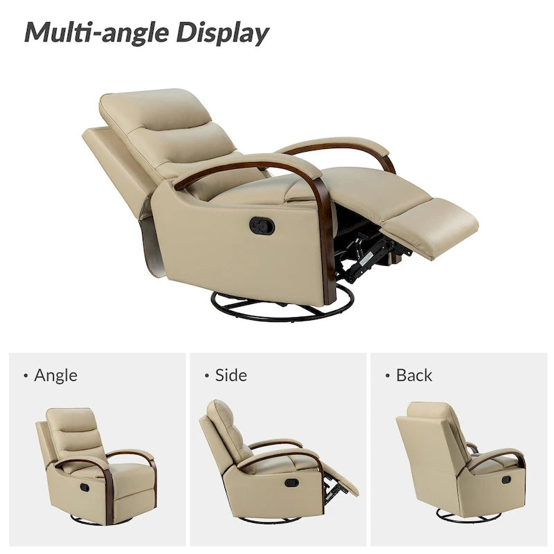 Fauteuil inclinable pivotant en cuir véritable avec accoudoirs en bois