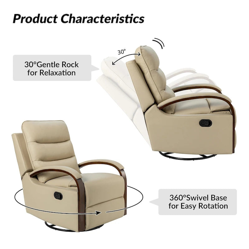 Fauteuil inclinable pivotant en cuir véritable avec accoudoirs en bois