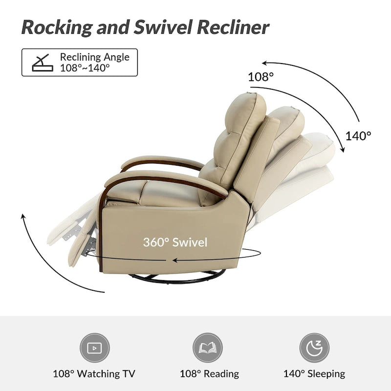 Fauteuil inclinable pivotant en cuir véritable avec accoudoirs en bois
