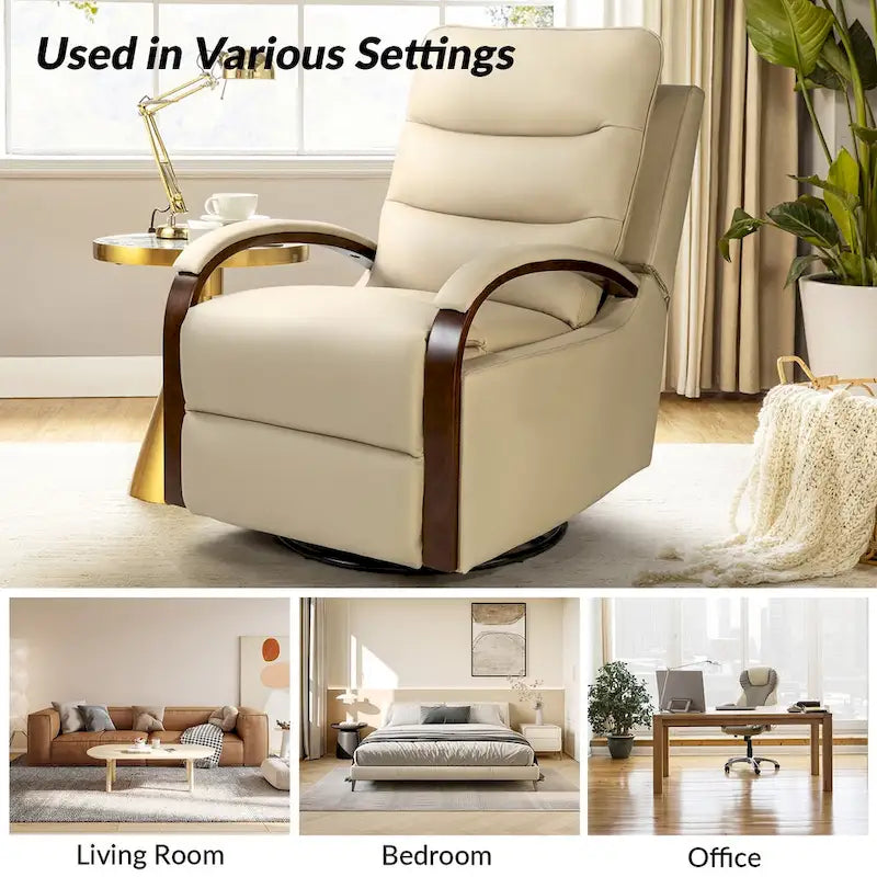 Fauteuil inclinable pivotant en cuir véritable avec accoudoirs en bois