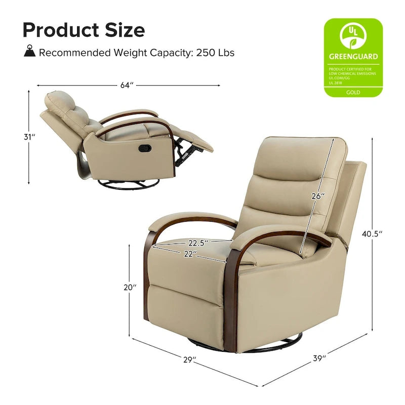 Fauteuil inclinable pivotant en cuir véritable avec accoudoirs en bois