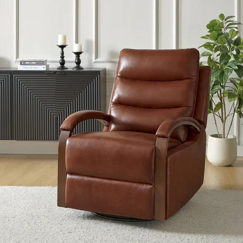 Fauteuil inclinable pivotant en cuir véritable avec accoudoirs en bois