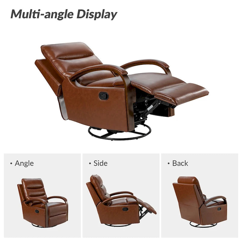Fauteuil inclinable pivotant en cuir véritable avec accoudoirs en bois