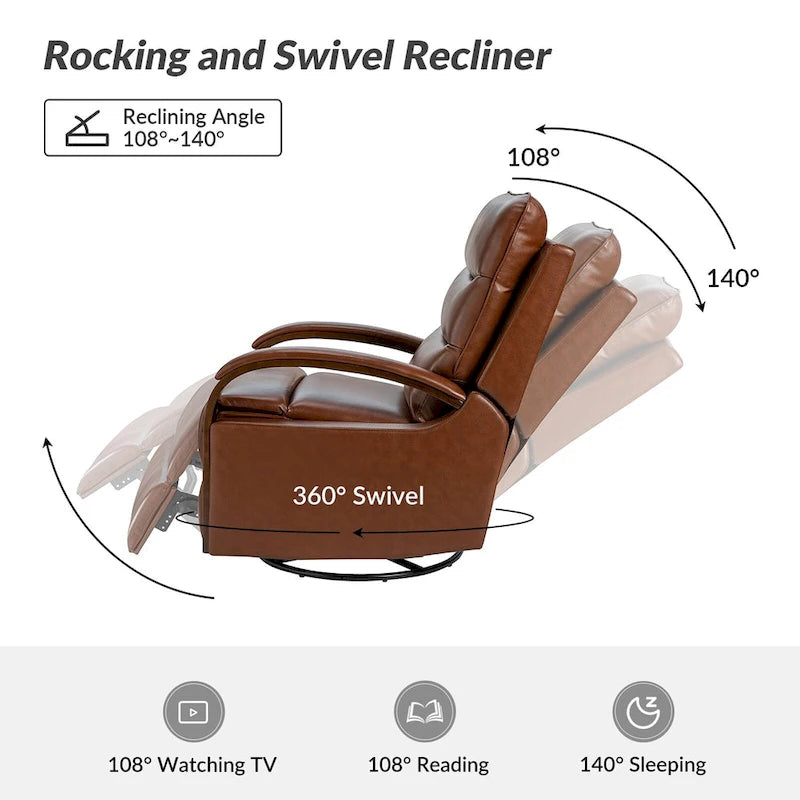 Fauteuil inclinable pivotant en cuir véritable avec accoudoirs en bois