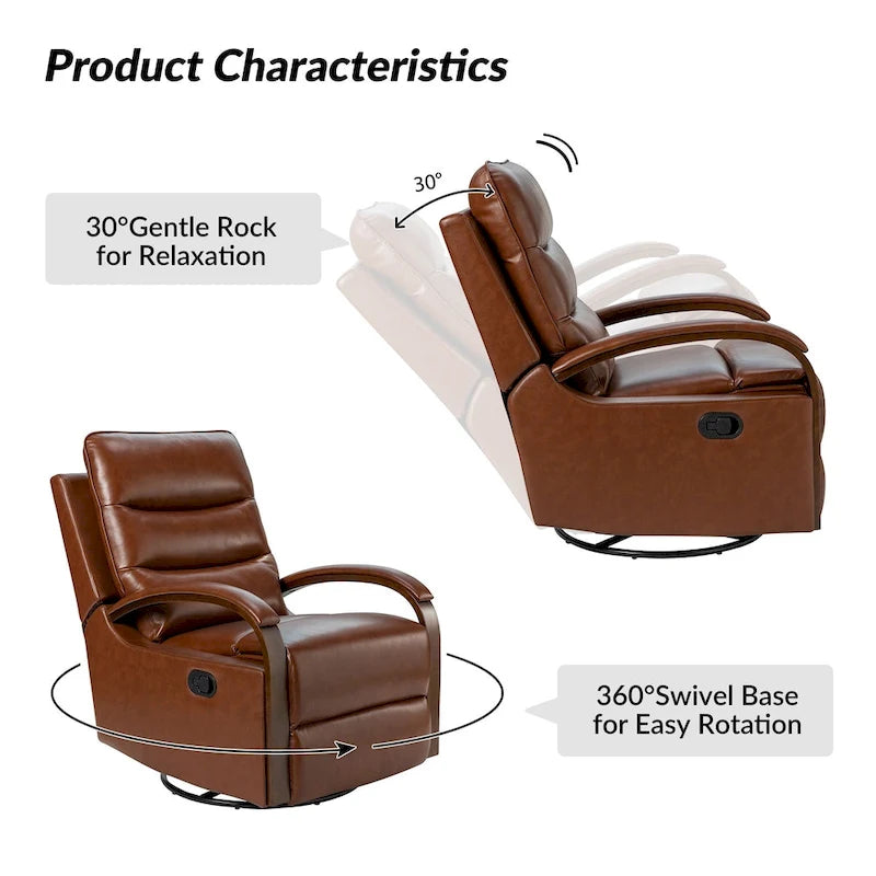 Fauteuil inclinable pivotant en cuir véritable avec accoudoirs en bois