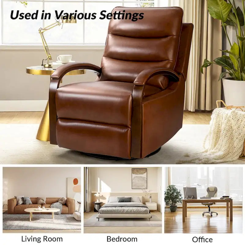 Fauteuil inclinable pivotant en cuir véritable avec accoudoirs en bois