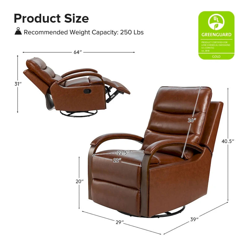 Fauteuil inclinable pivotant en cuir véritable avec accoudoirs en bois