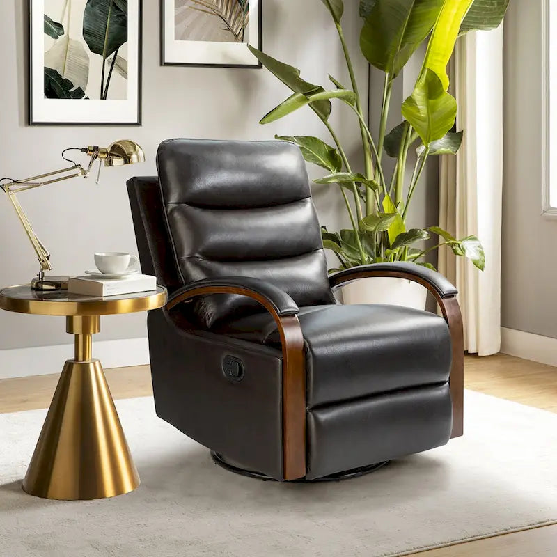 Fauteuil inclinable pivotant en cuir véritable avec accoudoirs en bois