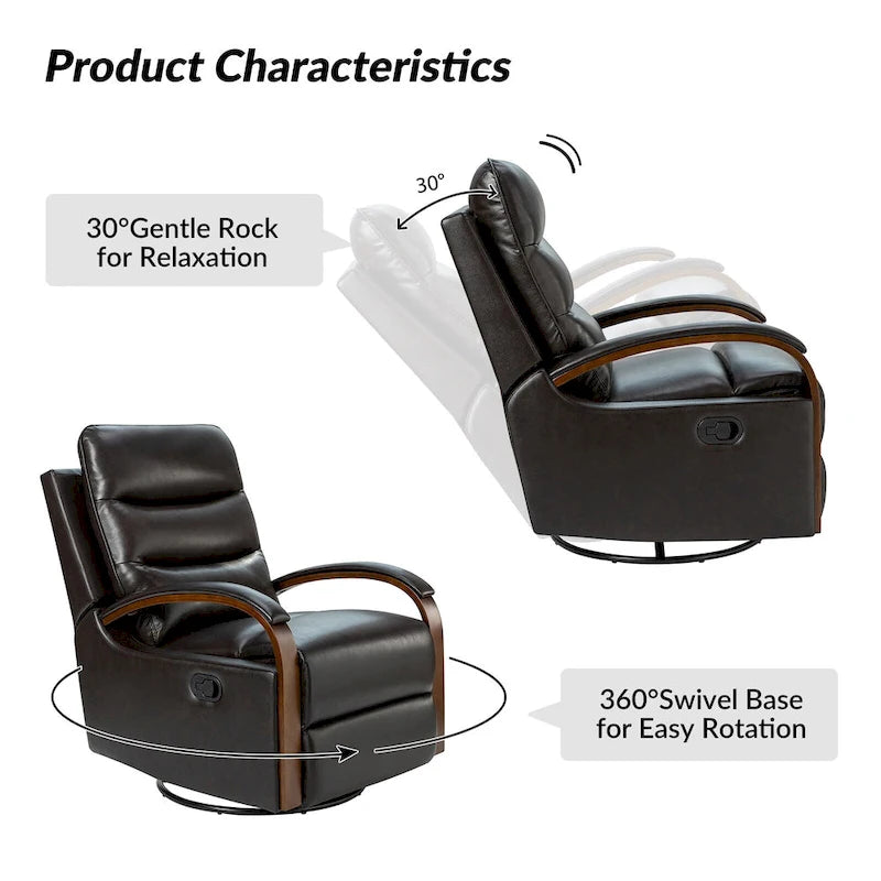 Fauteuil inclinable pivotant en cuir véritable avec accoudoirs en bois