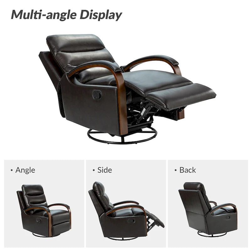Fauteuil inclinable pivotant en cuir véritable avec accoudoirs en bois