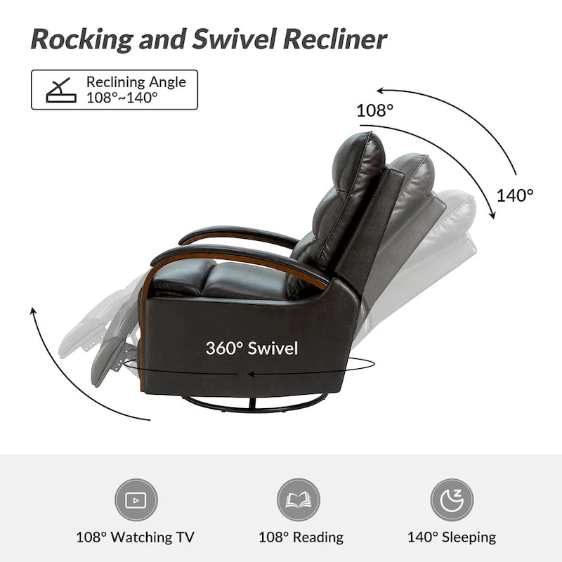 Fauteuil inclinable pivotant en cuir véritable avec accoudoirs en bois