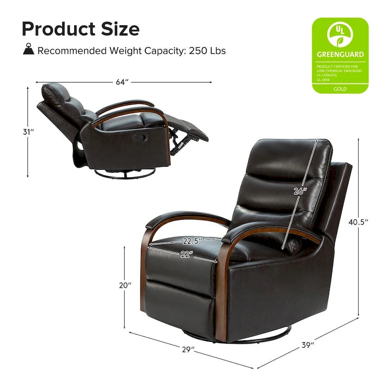 Fauteuil inclinable pivotant en cuir véritable avec accoudoirs en bois