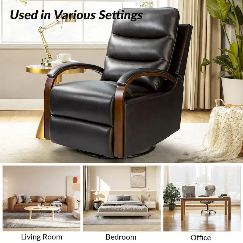 Fauteuil inclinable pivotant en cuir véritable avec accoudoirs en bois