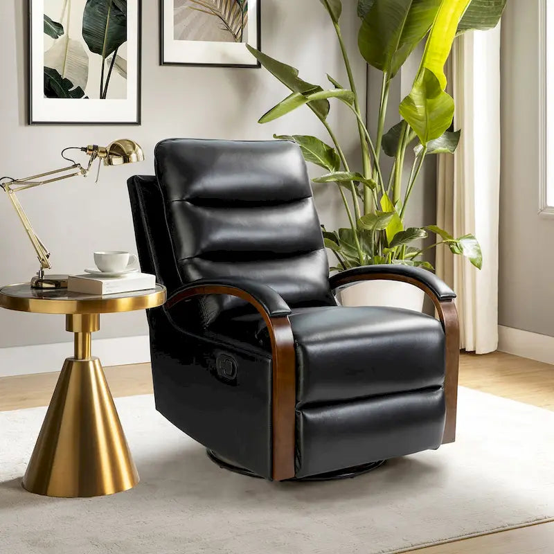 Fauteuil inclinable pivotant en cuir véritable avec accoudoirs en bois