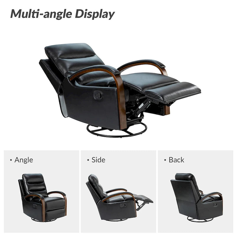 Fauteuil inclinable pivotant en cuir véritable avec accoudoirs en bois